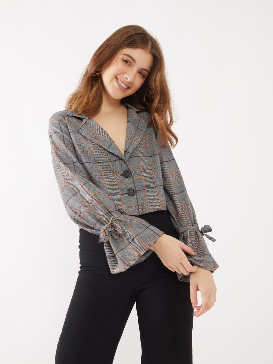 Grey Checked Crop Blazer