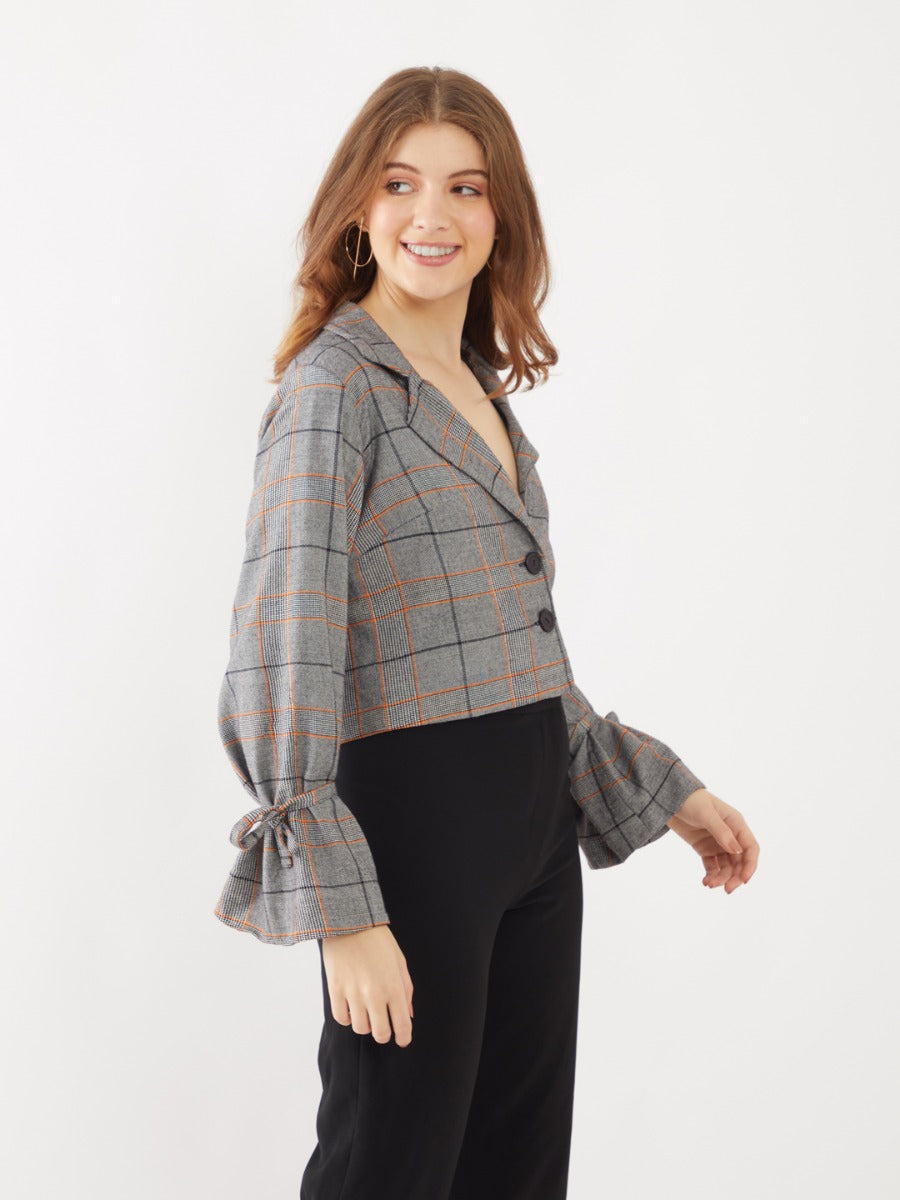 Grey Checked Crop Blazer