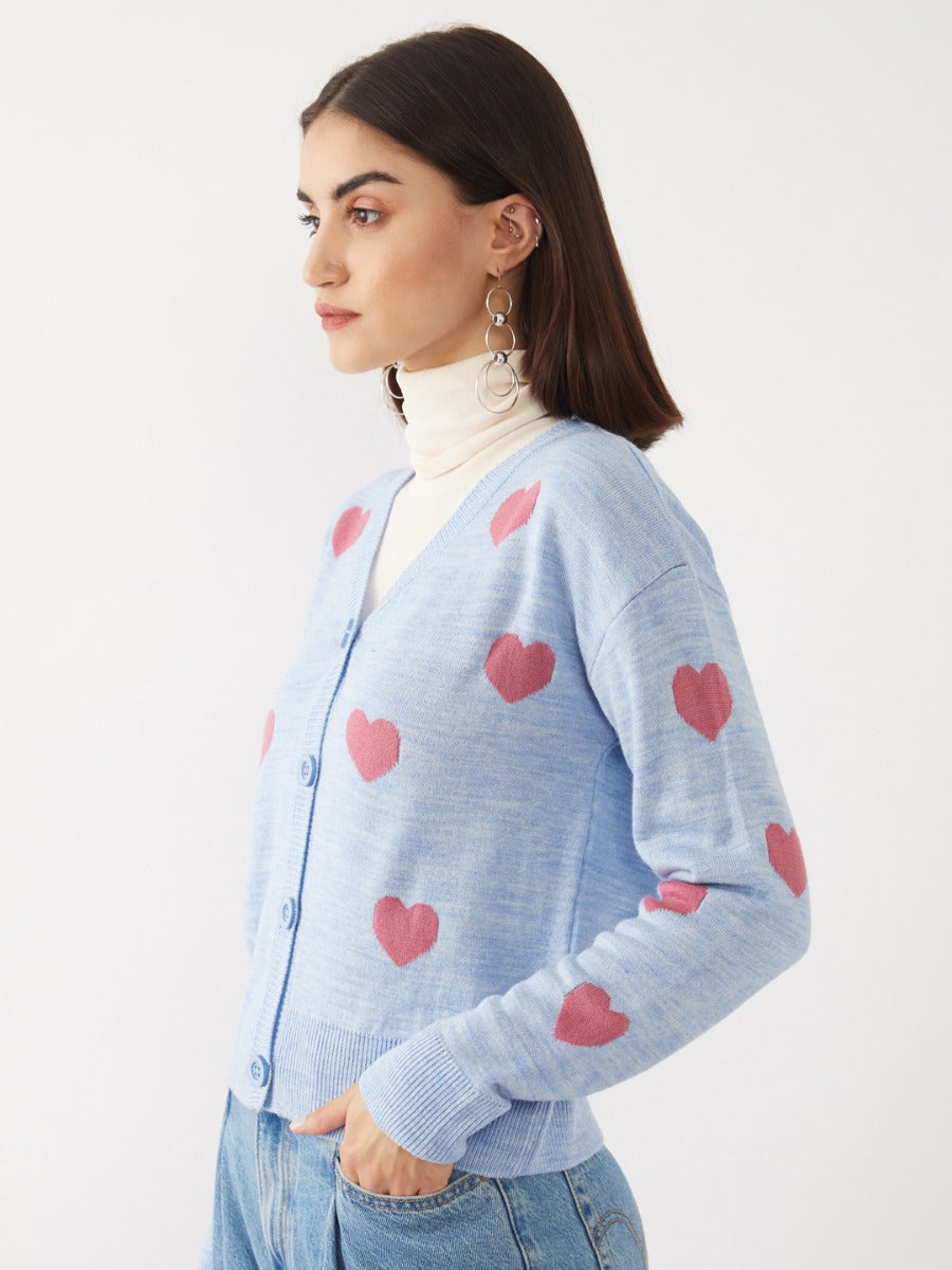 Blue Jacquard Crop Cardigan