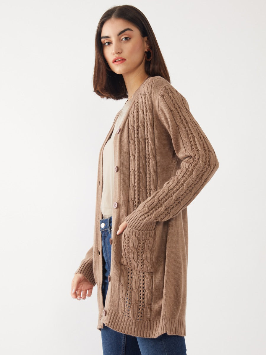 Brown Solid Cardigan For Women