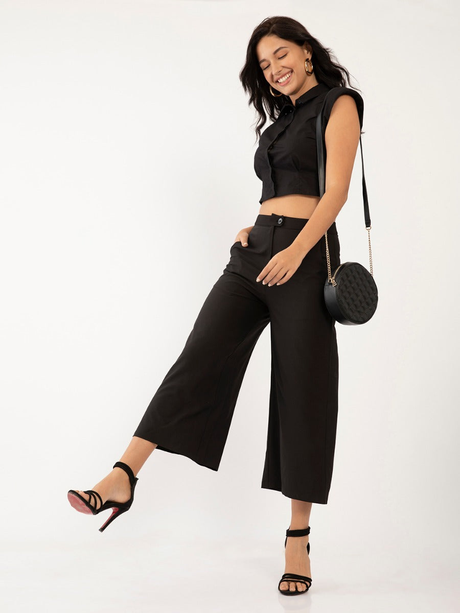 Black Solid Wide Leg Trouser