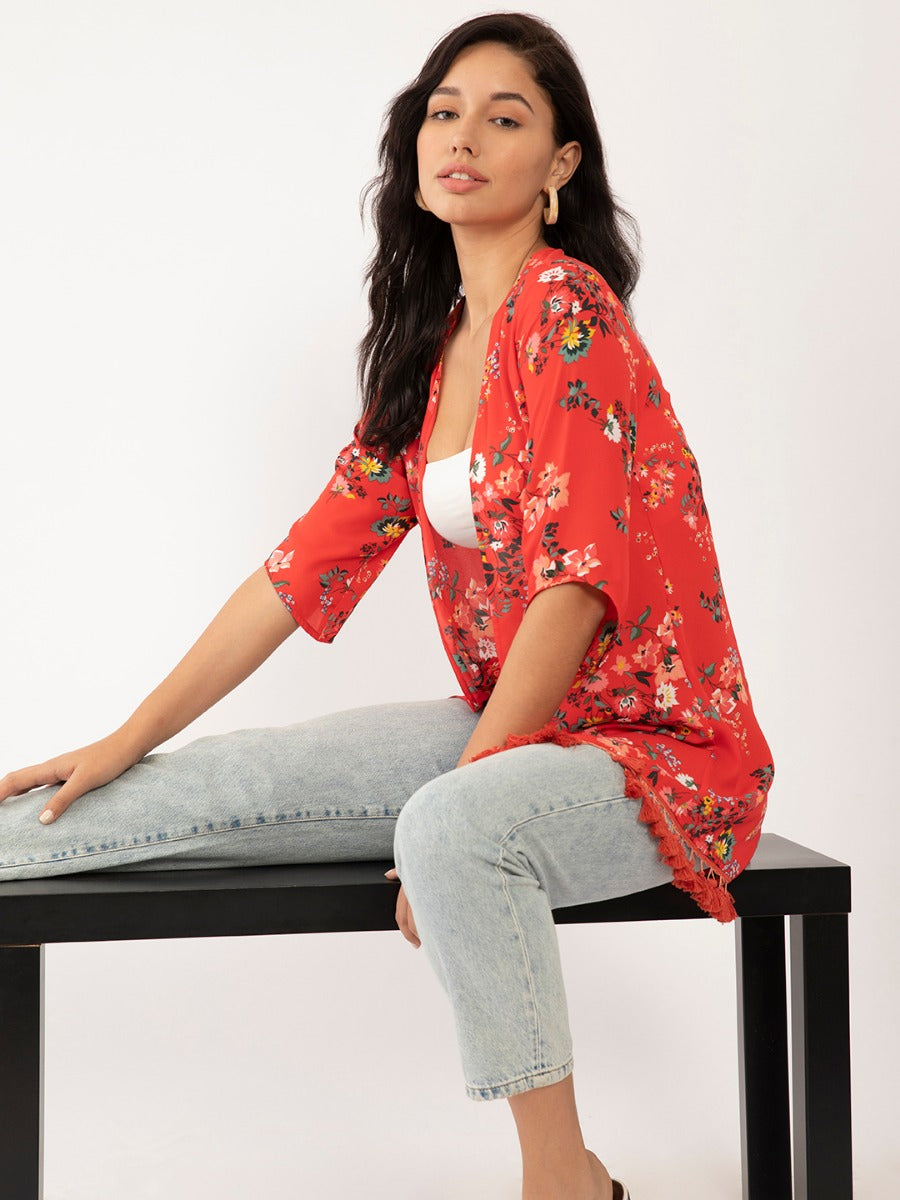 Red Floral Print Shrug