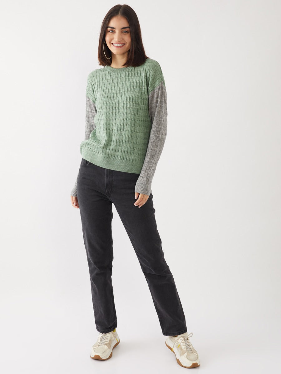 Green Colourblocked Sweater For Women