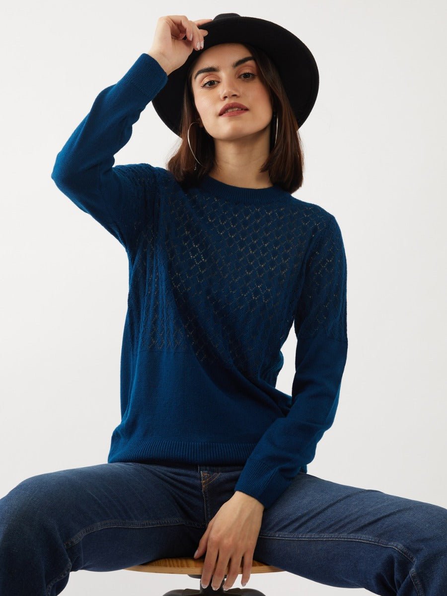 Teal Solid Sweater For Women