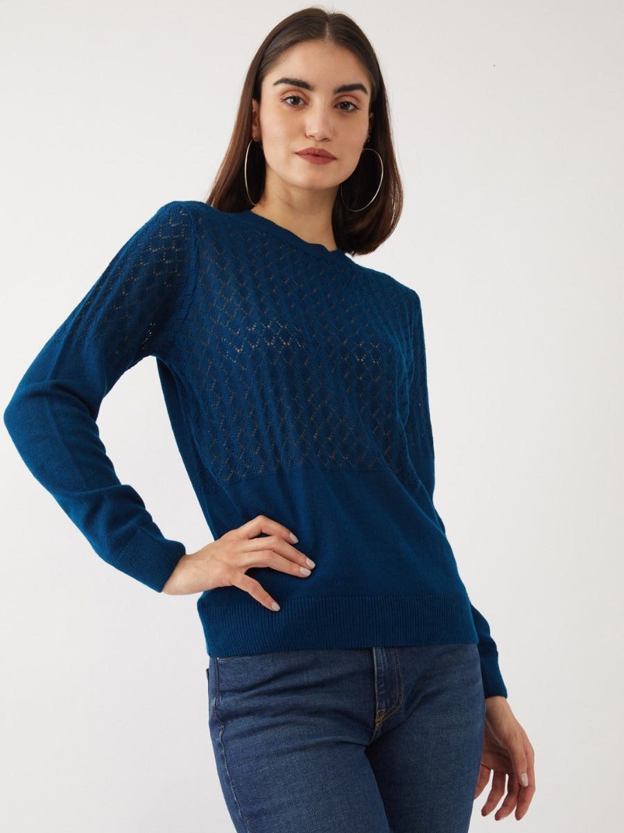 Teal Solid Sweater For Women