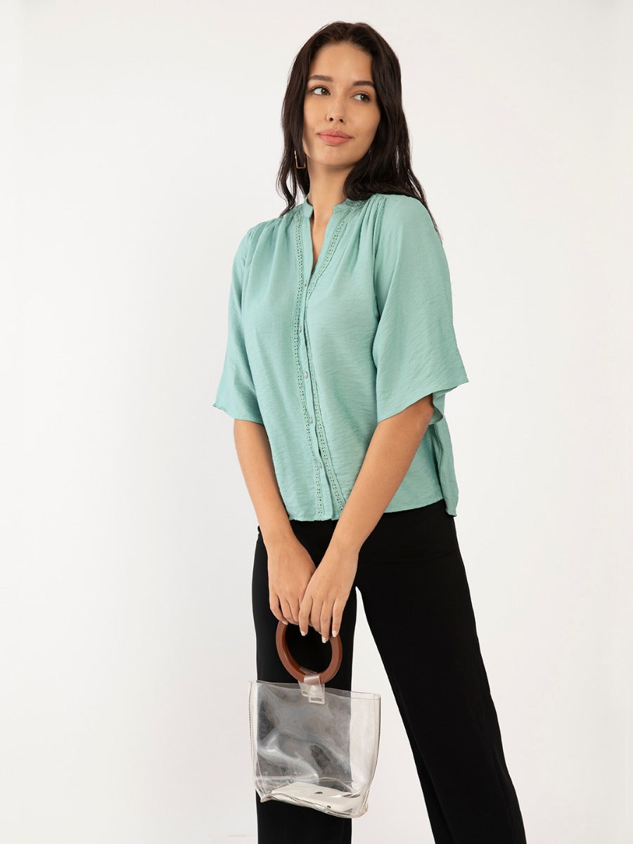 Sea Green Solid Flared Sleeve Regular Top