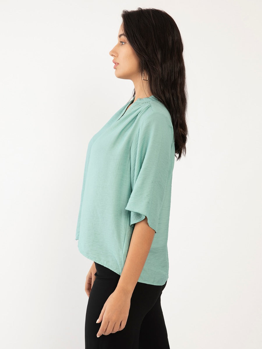 Sea Green Solid Flared Sleeve Regular Top