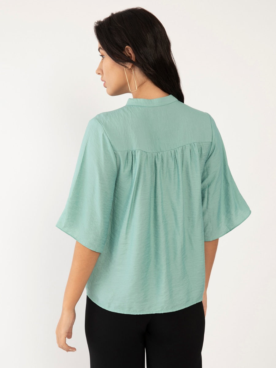 Sea Green Solid Flared Sleeve Regular Top