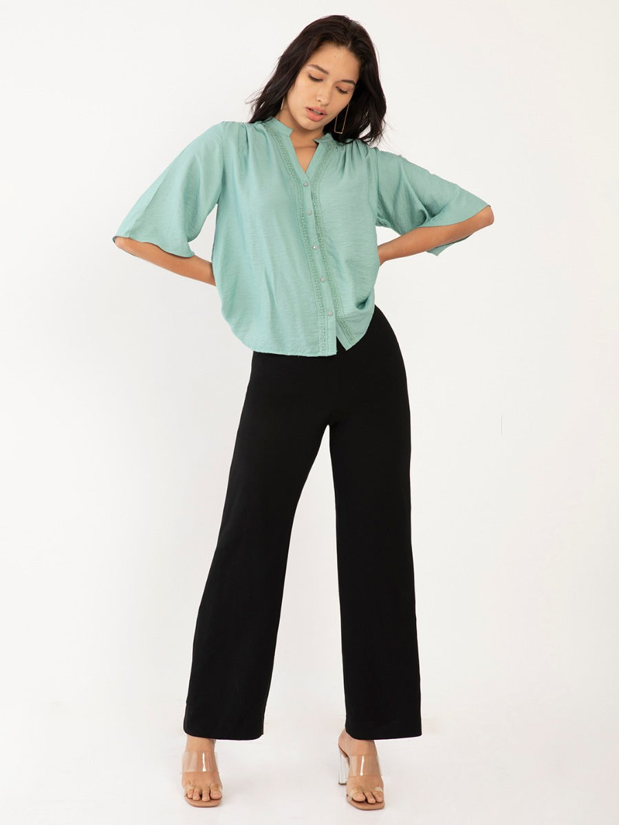 Sea Green Solid Flared Sleeve Regular Top