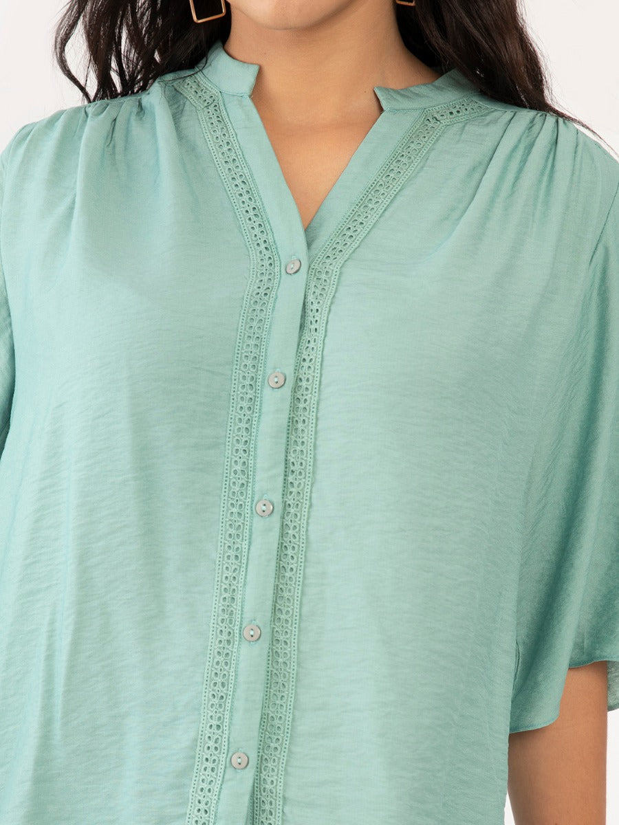 Sea Green Solid Flared Sleeve Regular Top