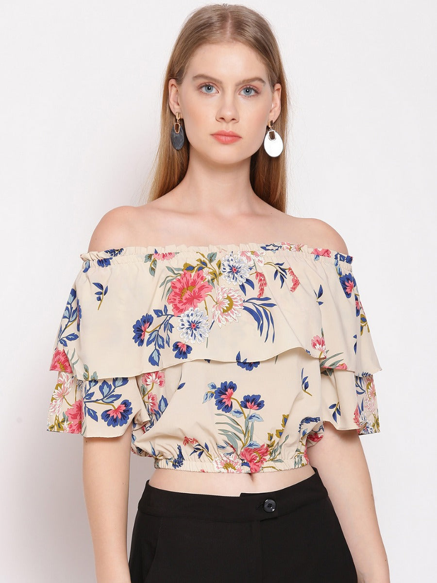 Off White Floral Print Off-shoulder Top