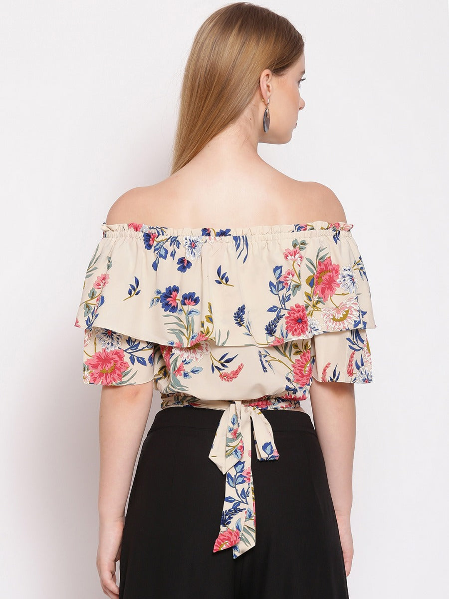 Off White Floral Print Off-shoulder Top