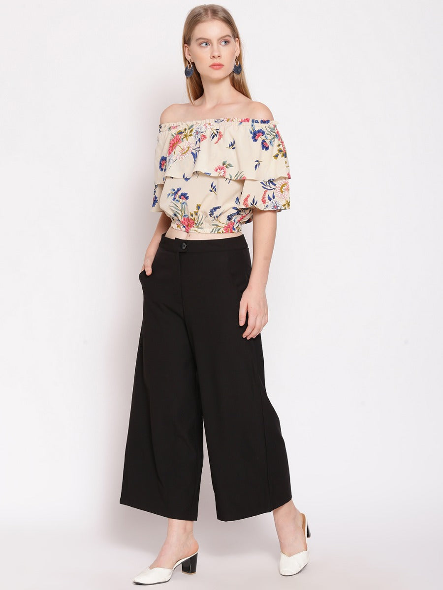 Off White Floral Print Off-shoulder Top