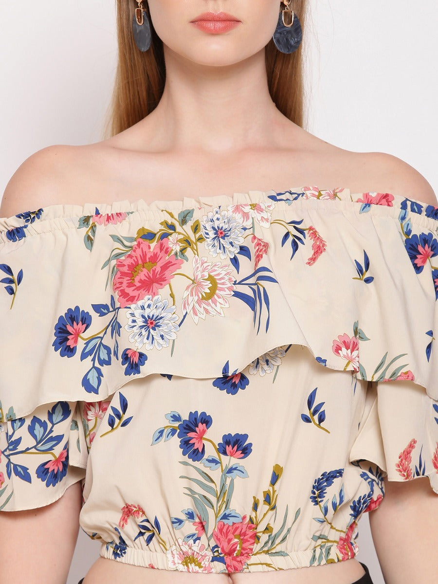 Off White Floral Print Off-shoulder Top