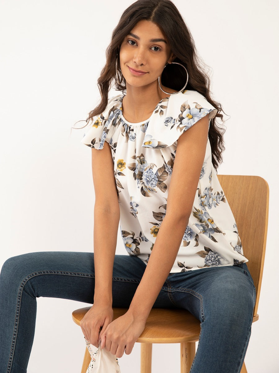 White Floral Print Top