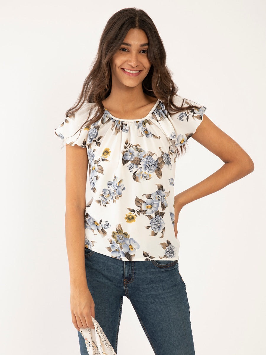 White Floral Print Top