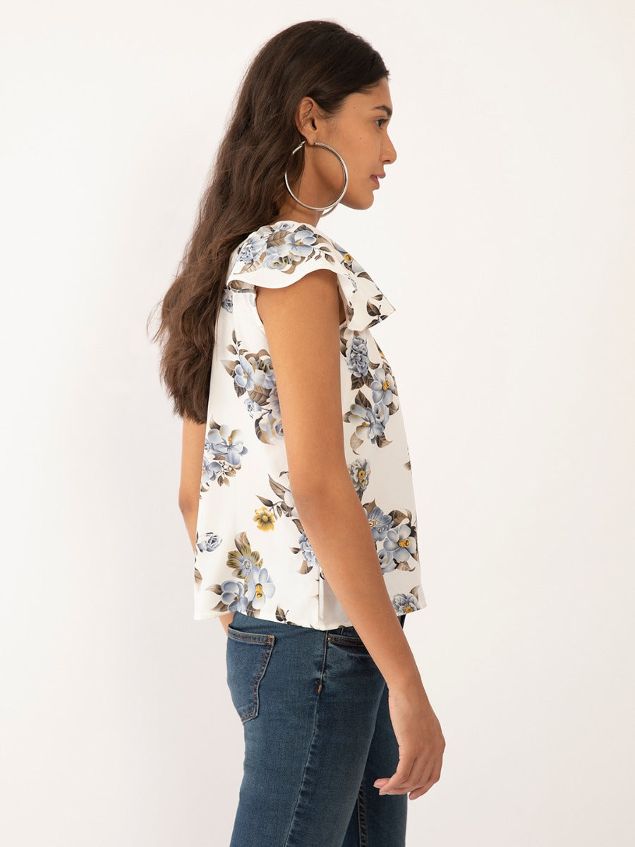 White Floral Print Top