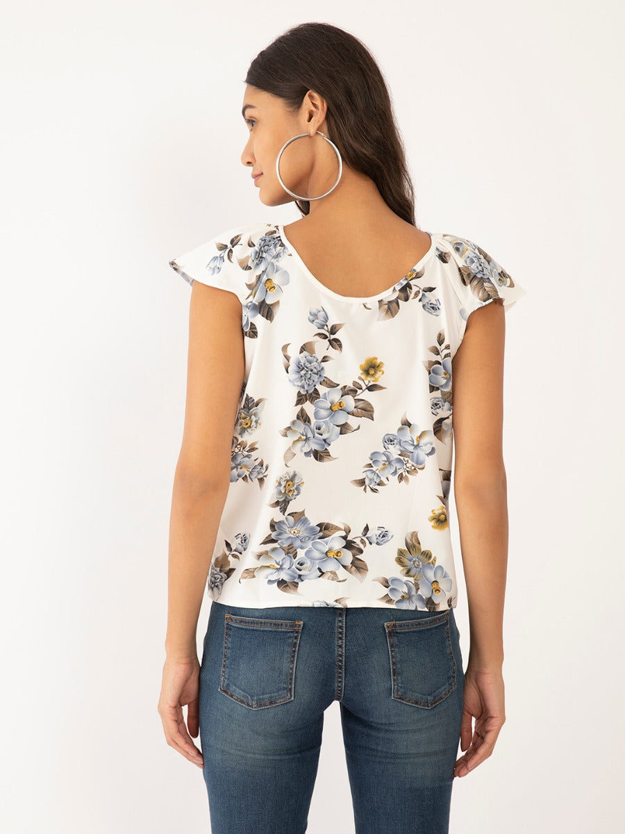 White Floral Print Top