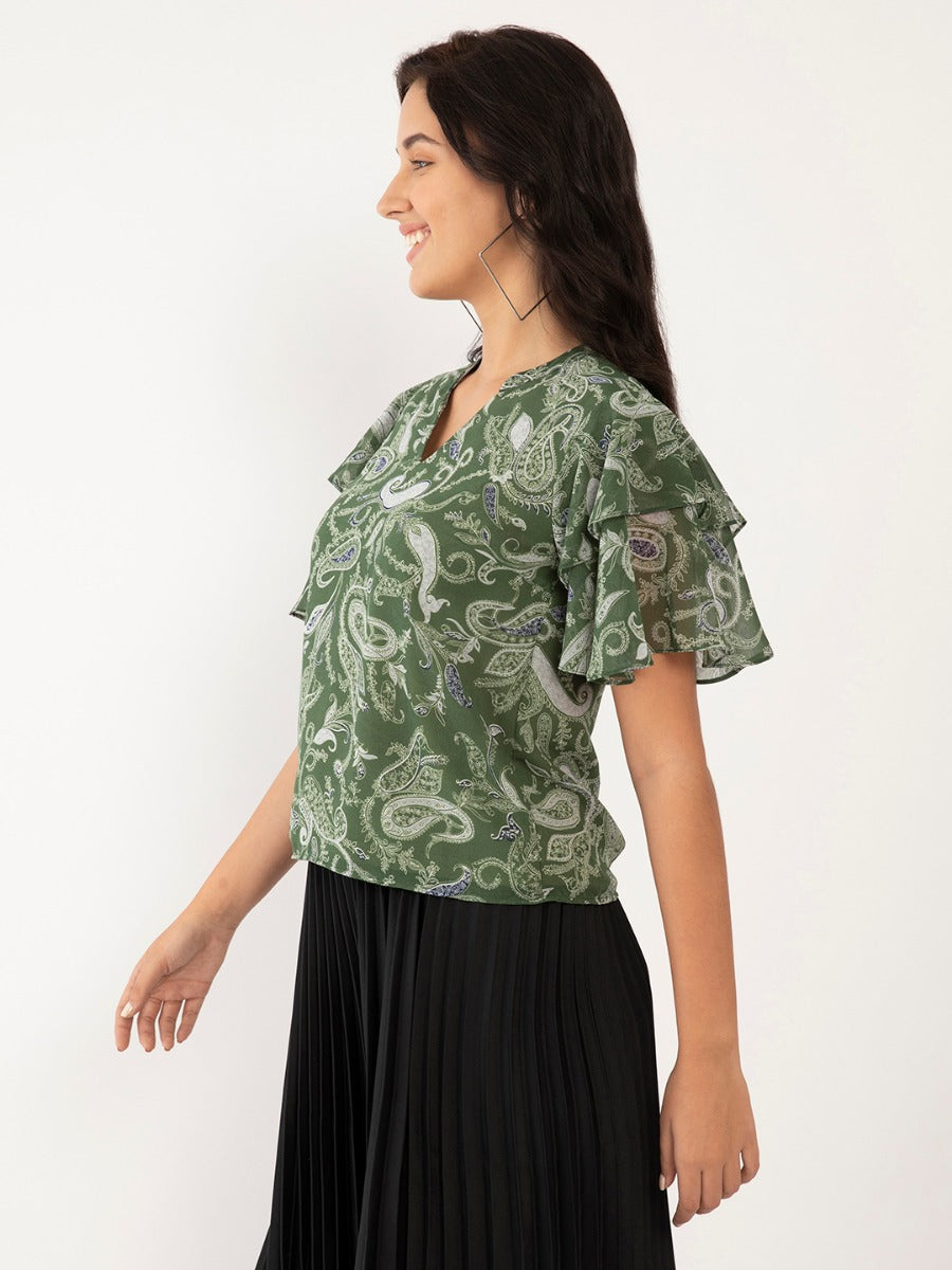 Green Floral Print Flared Sleeve Top