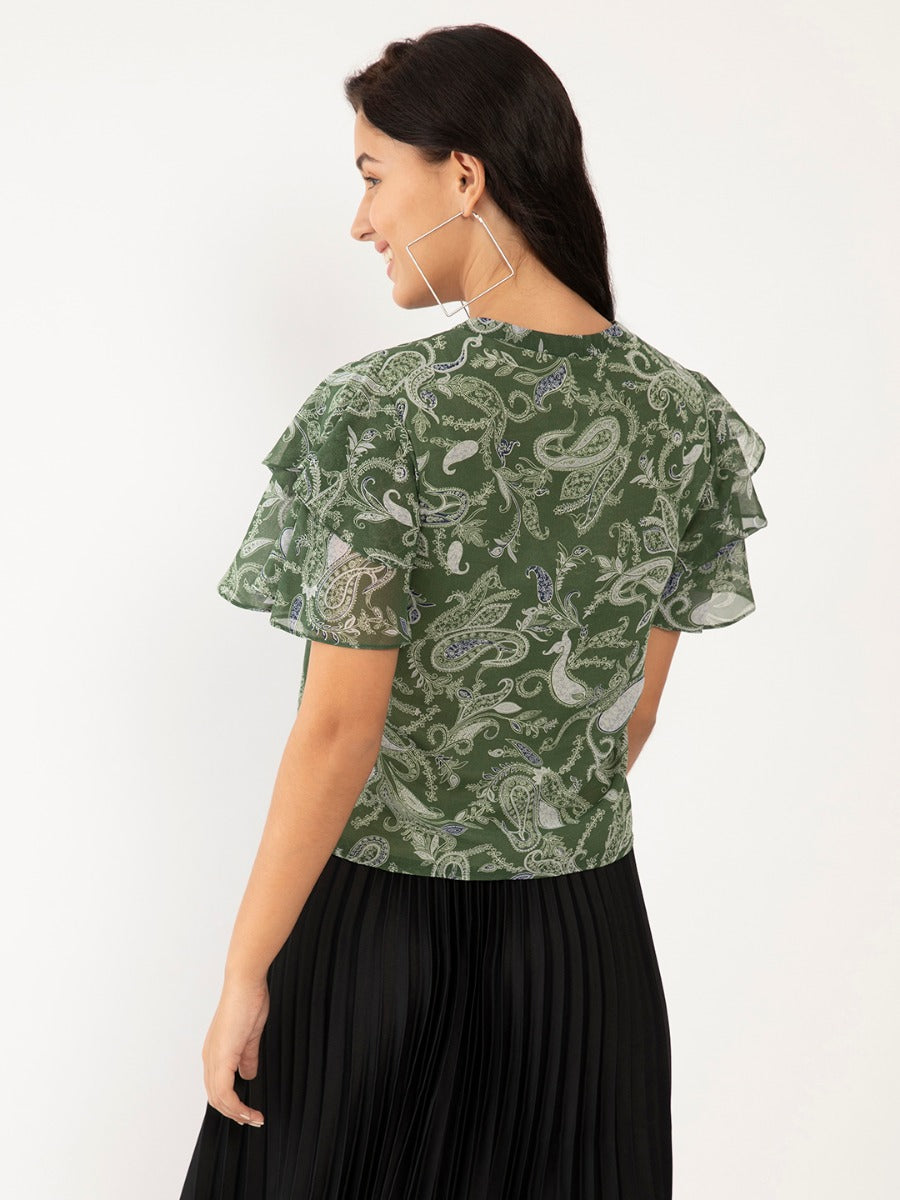 Green Floral Print Flared Sleeve Top