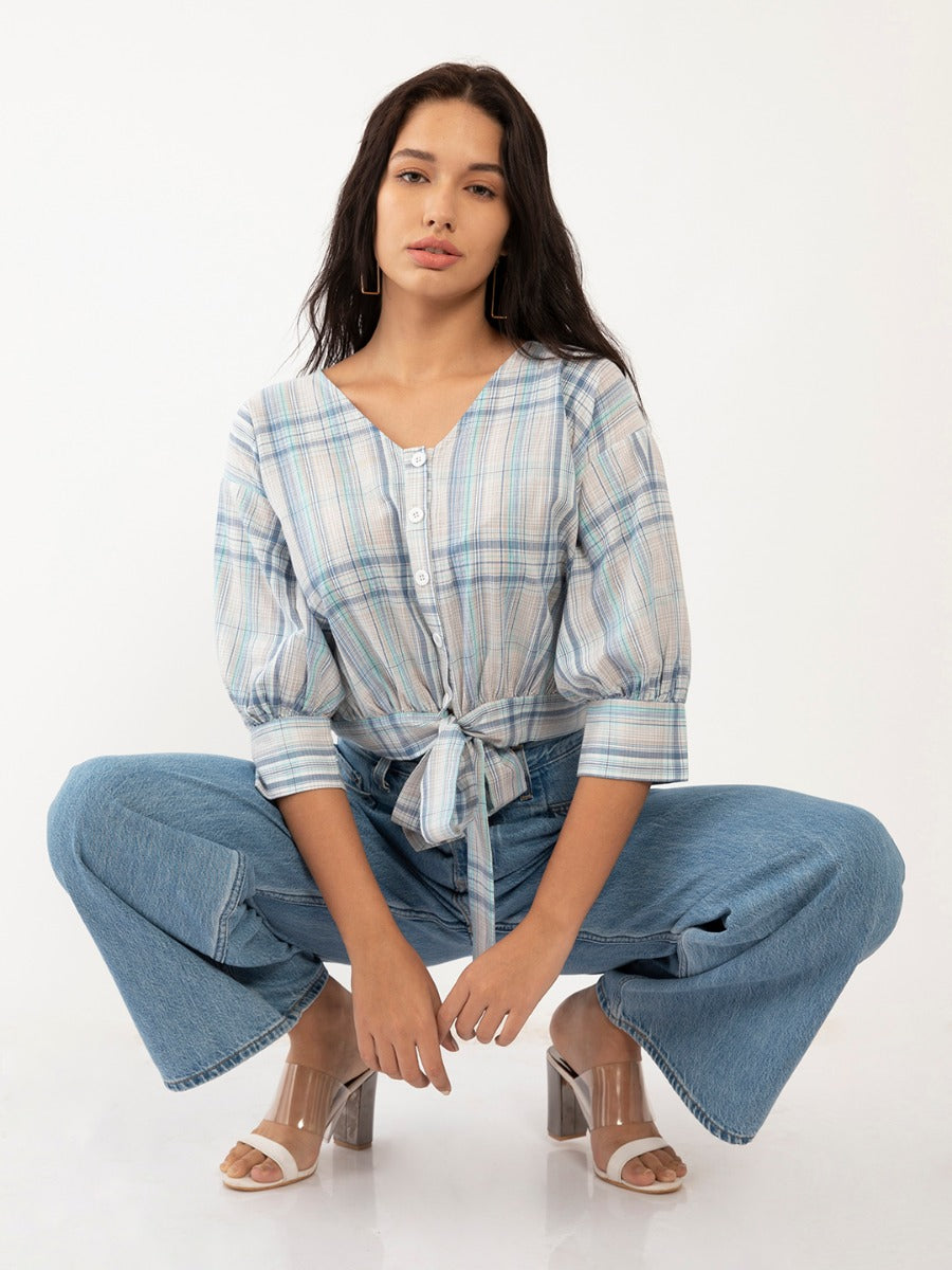 Blue Checked Top For Women