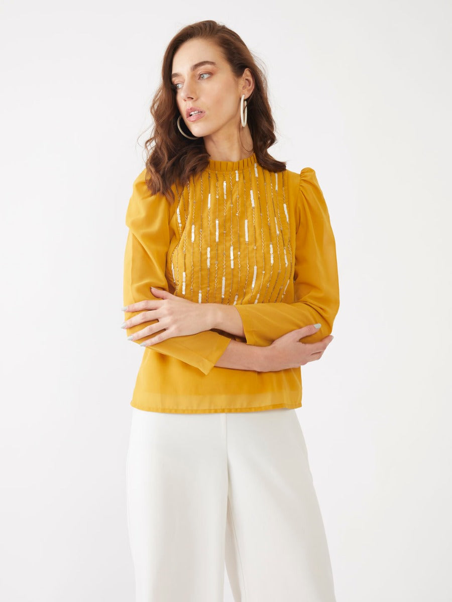 Yellow Embellished Puff Sleeve Top