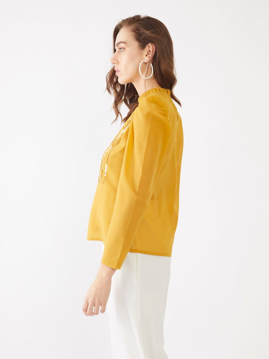 Yellow Embellished Puff Sleeve Top