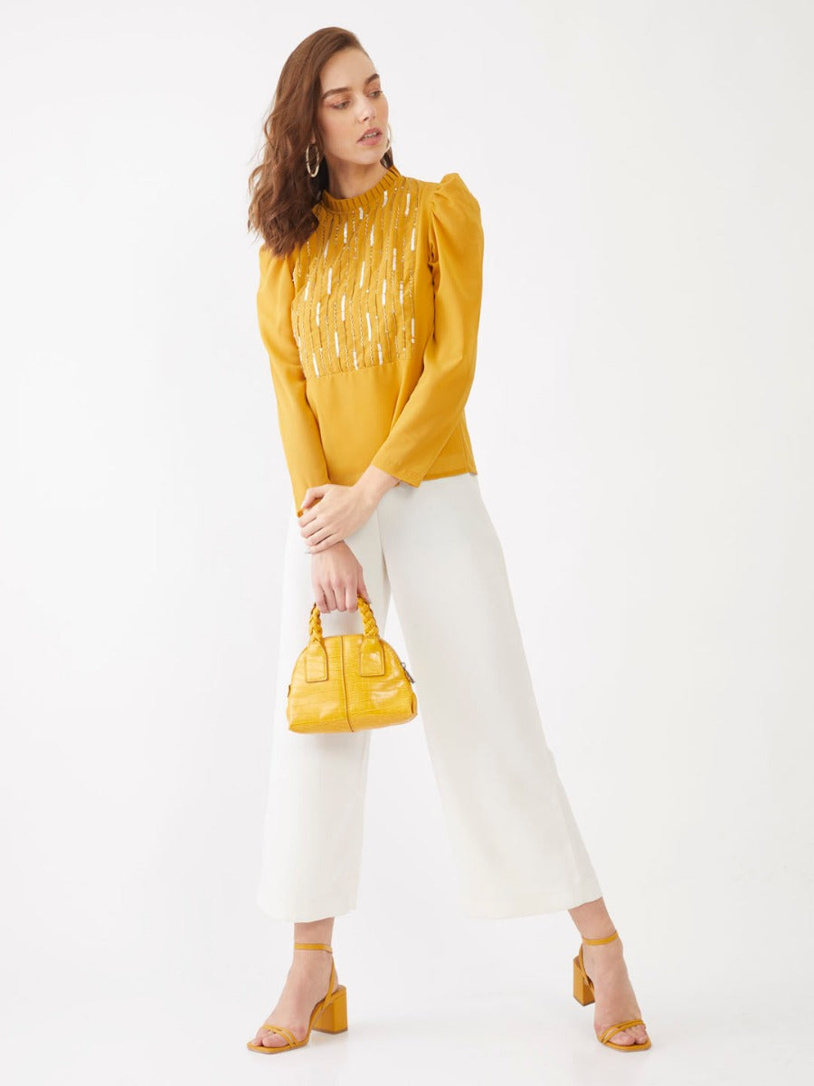 Yellow Embellished Puff Sleeve Top