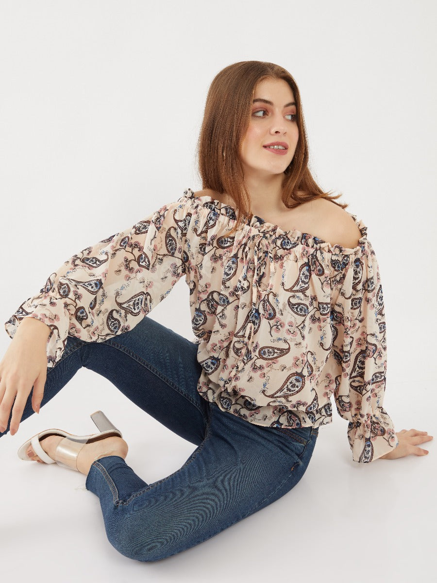 Pink Printed Off-shoulder Top