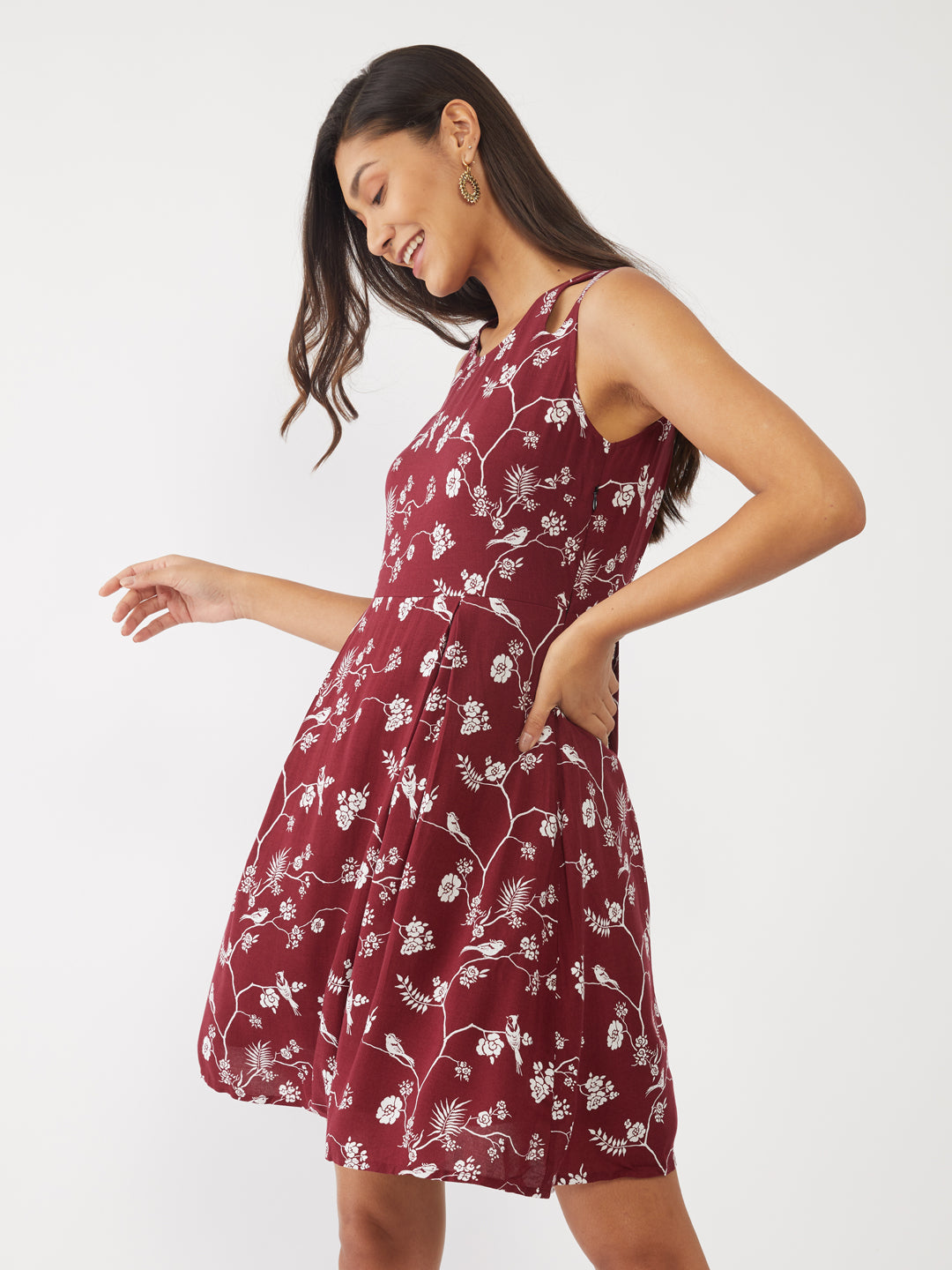 Maroon-Floral-Printed-A-Line-Short-Dress-VD01824-1