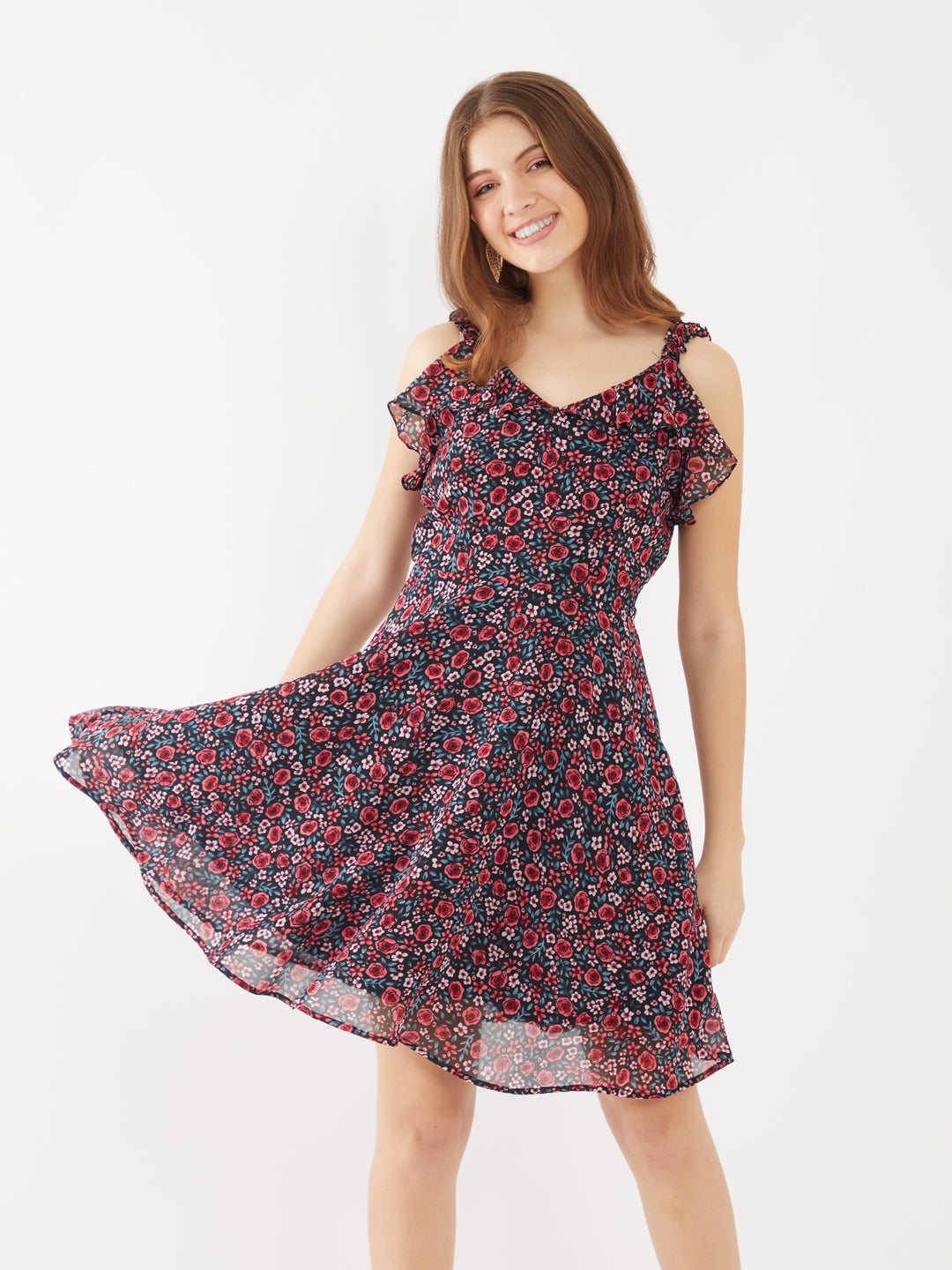 Black-Floral-Printed-Ruffled-Short-Dress-VD01889-1