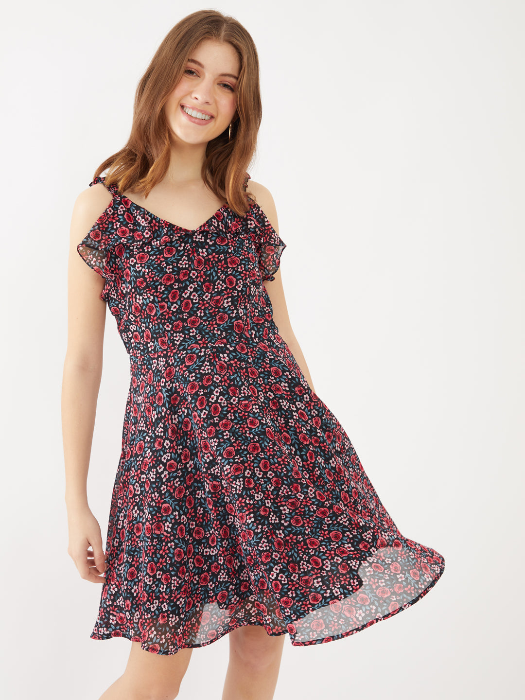Black-Floral-Printed-Ruffled-Short-Dress-VD01889-2