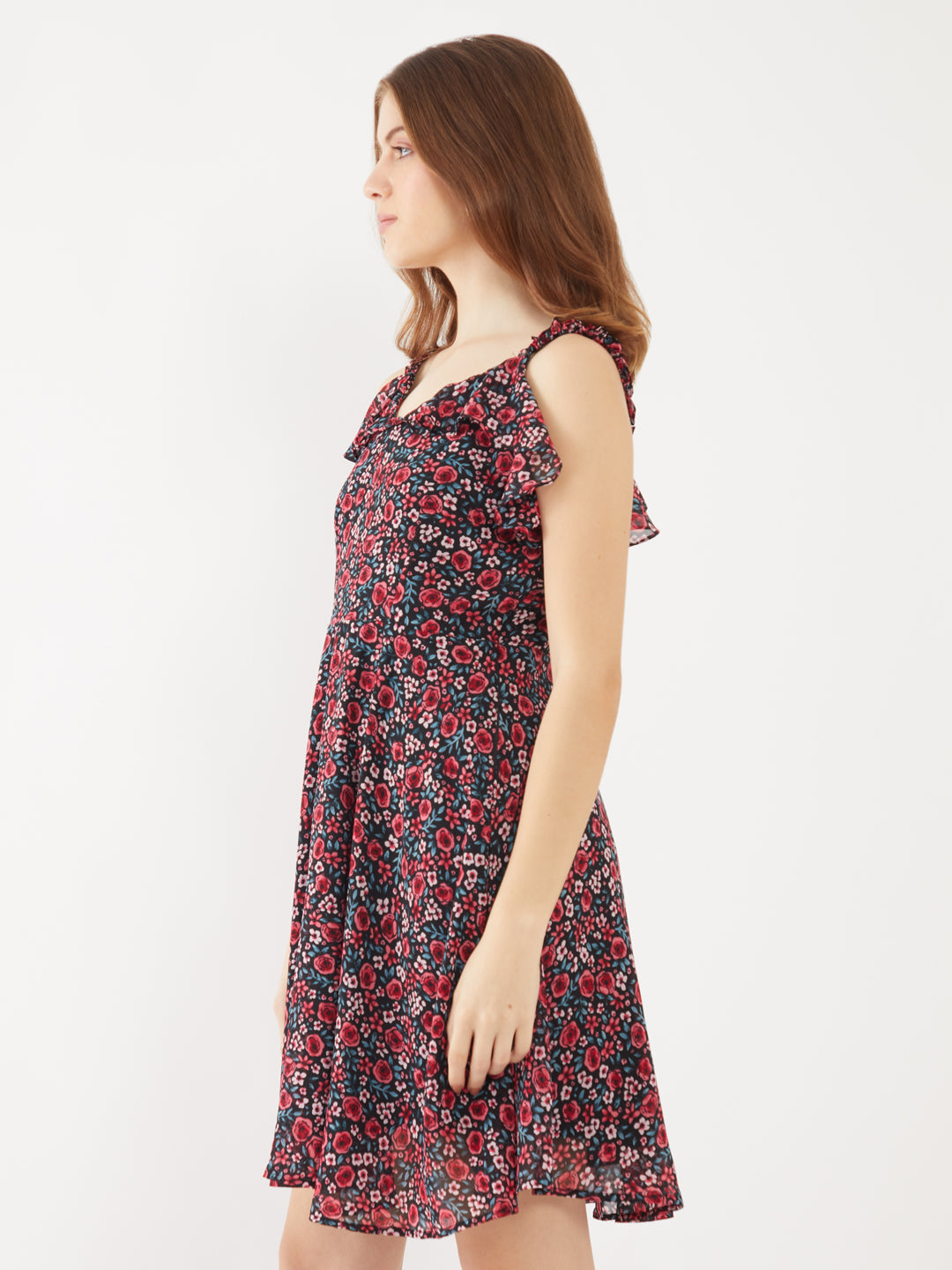 Black-Floral-Printed-Ruffled-Short-Dress-VD01889-3