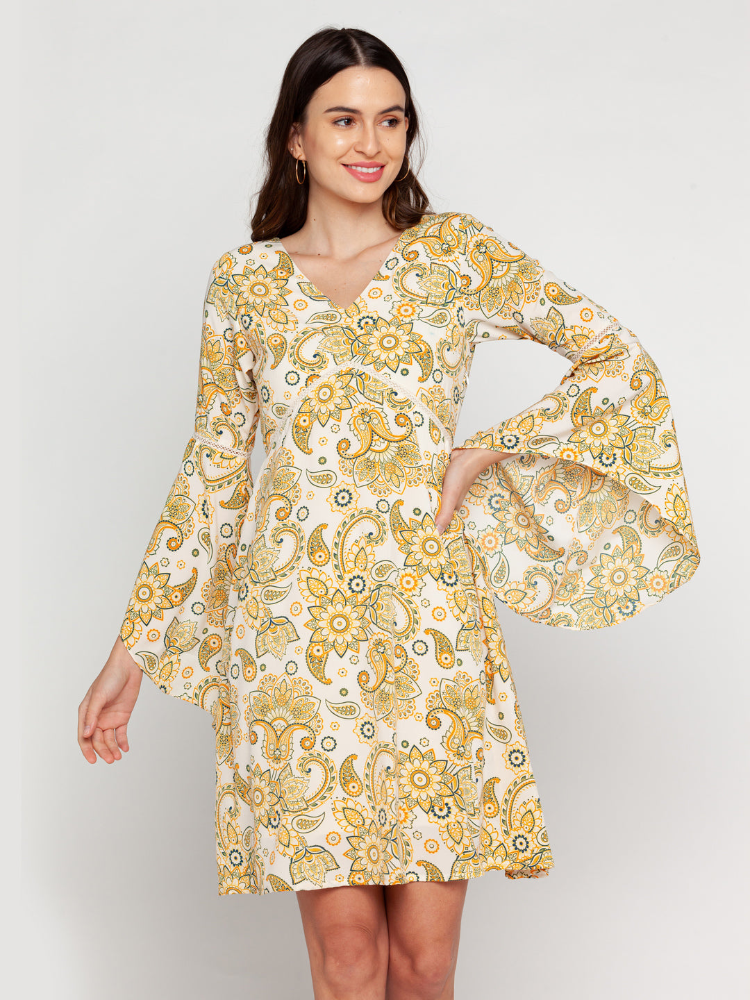 White-Ornamental-Printed-Flared-Sleeve-Short-Dress-VD02166-2
