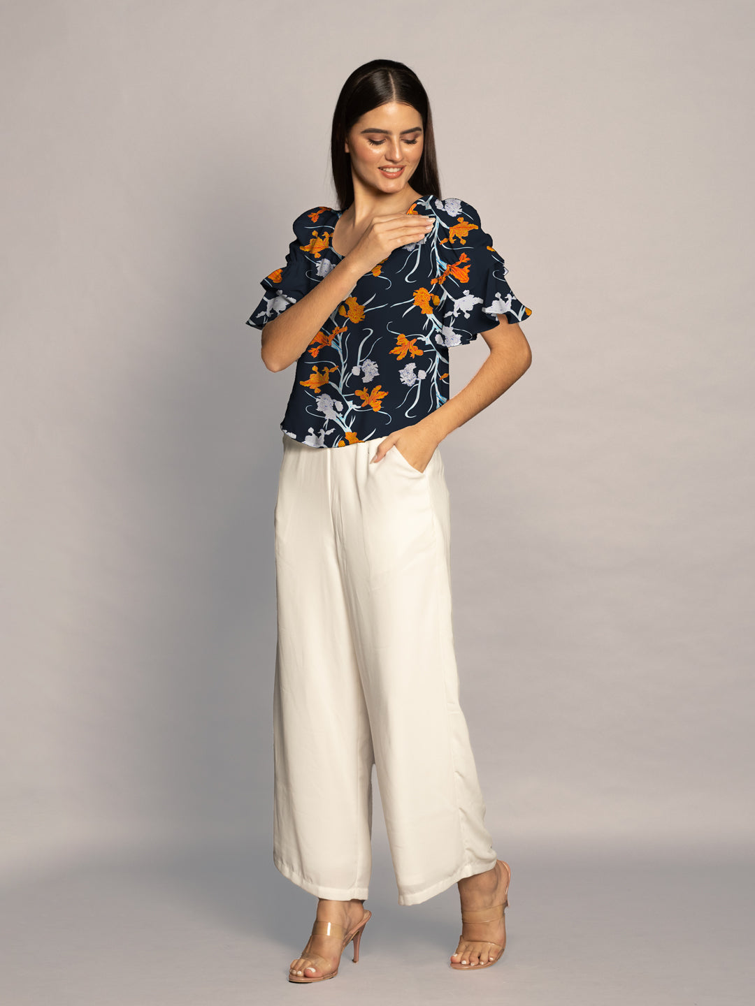 Navy Floral Print Ruffled Sleeves Top-VT02608_106-Navy-1