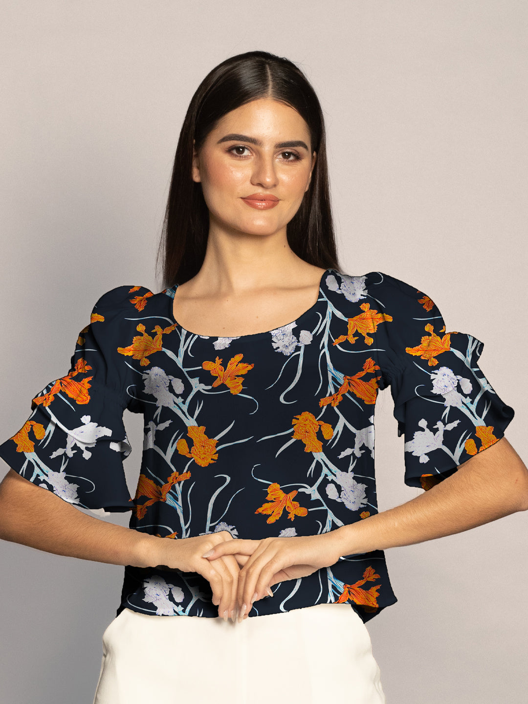 Navy Floral Print Ruffled Sleeves Top-VT02608_106-Navy-2