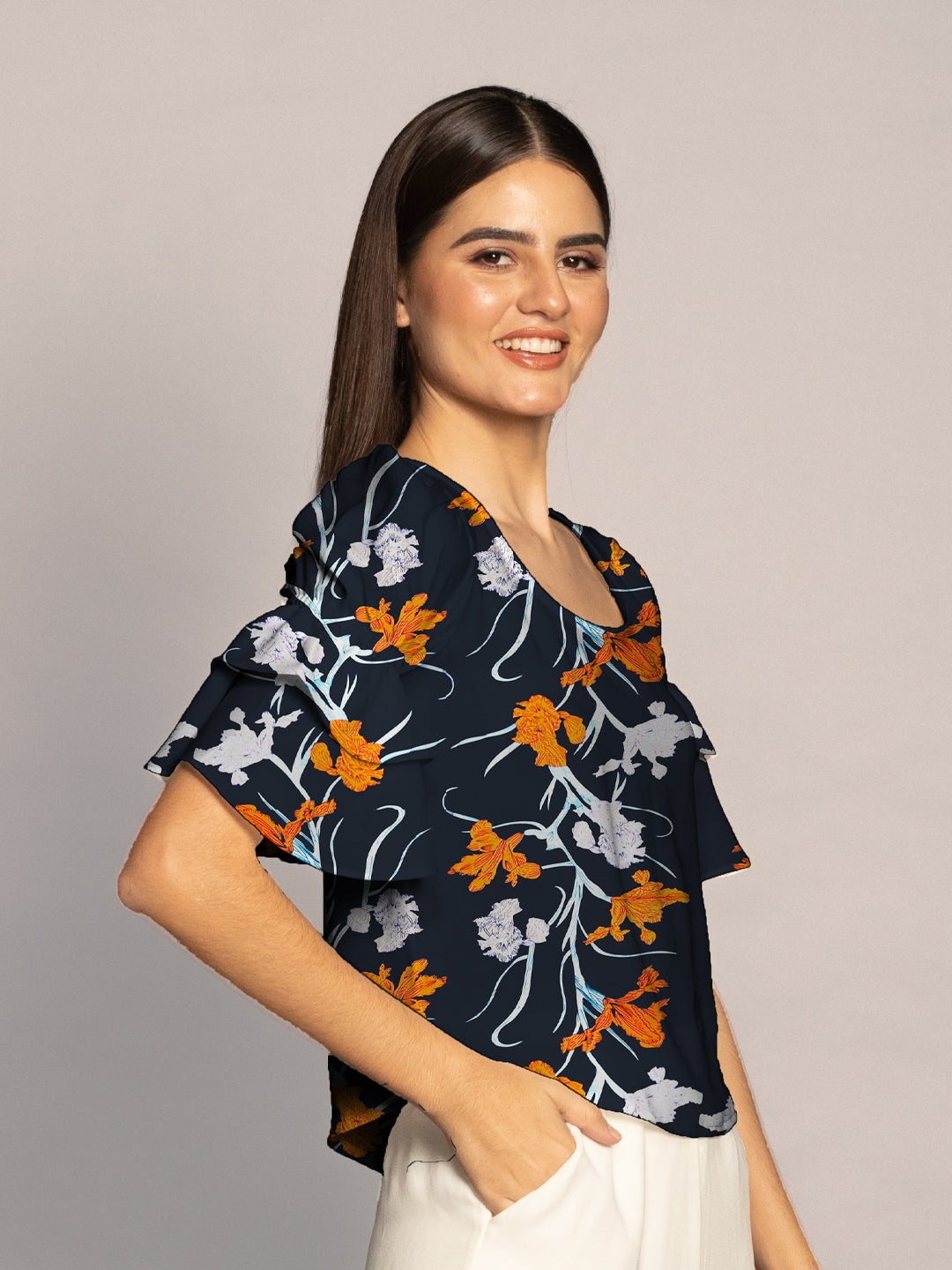 Navy Floral Print Ruffled Sleeves Top-VT02608_106-Navy-3