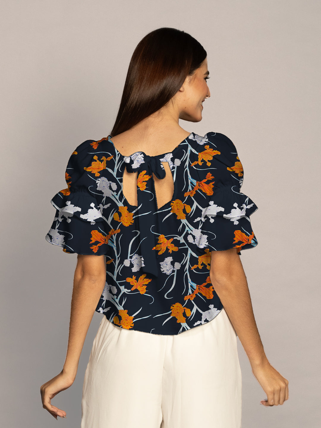 Navy Floral Print Ruffled Sleeves Top-VT02608_106-Navy-4