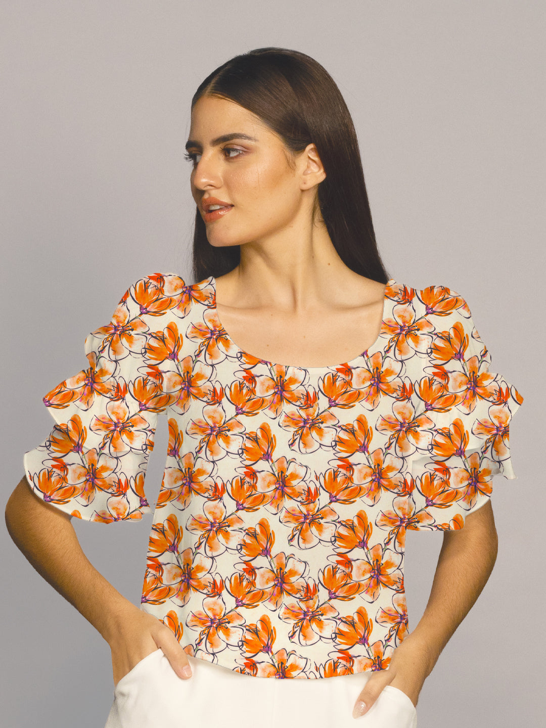 Peach Floral Print Ruffled Sleeves Top-VT02608_108-Peach-2