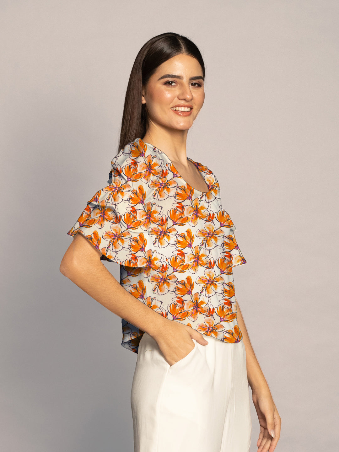 Peach Floral Print Ruffled Sleeves Top-VT02608_108-Peach-3