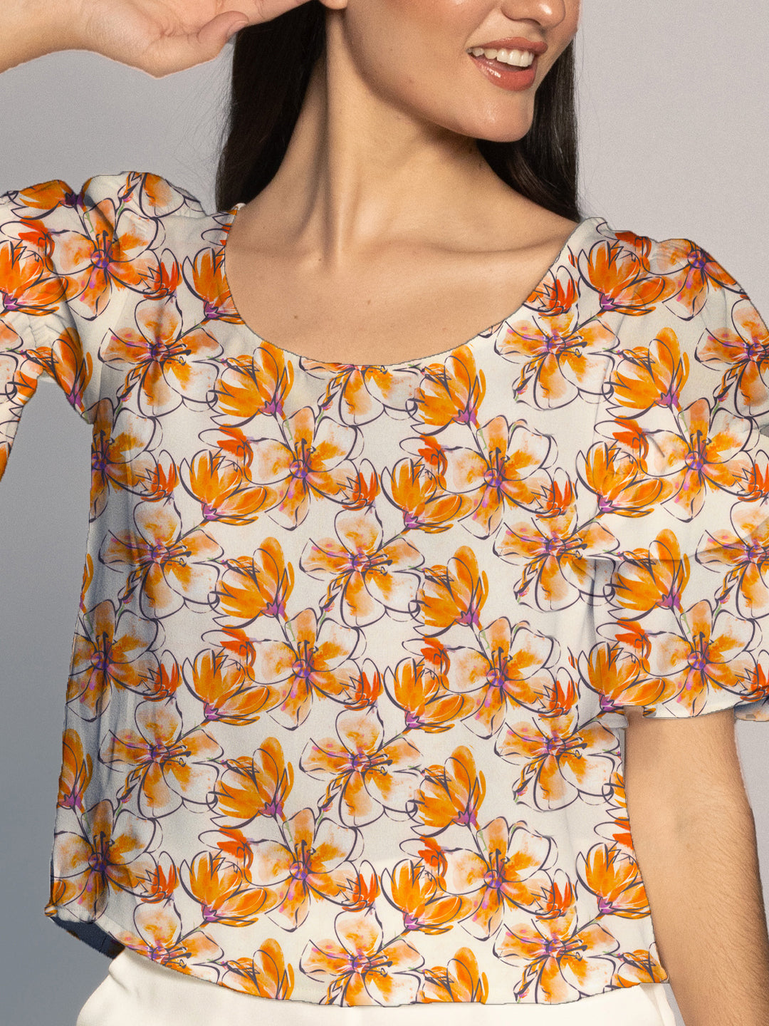 Peach Floral Print Ruffled Sleeves Top-VT02608_108-Peach-6