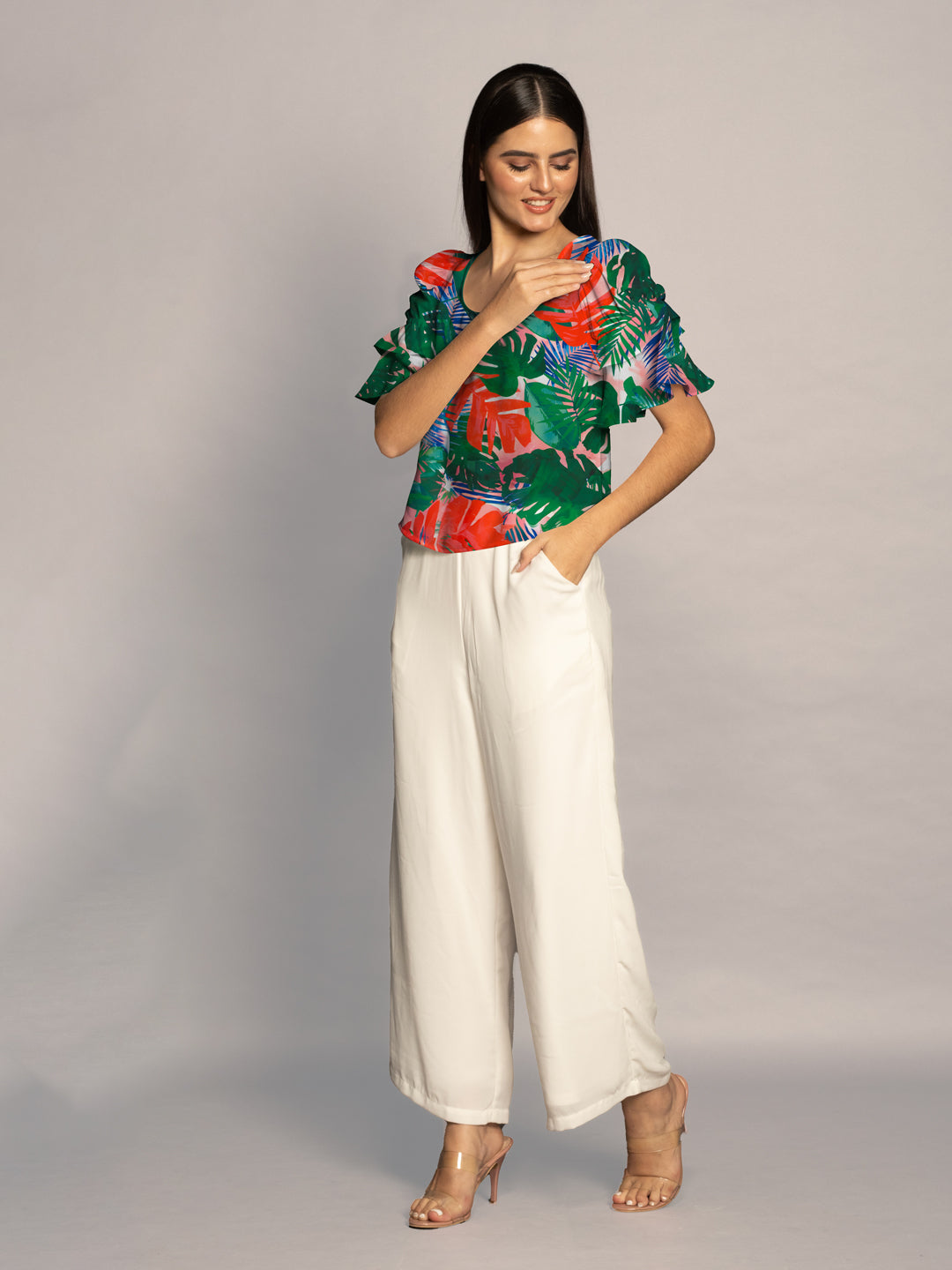 Multi Tropical Print Ruffled Sleeves Top-VT02608_114-Multi-1