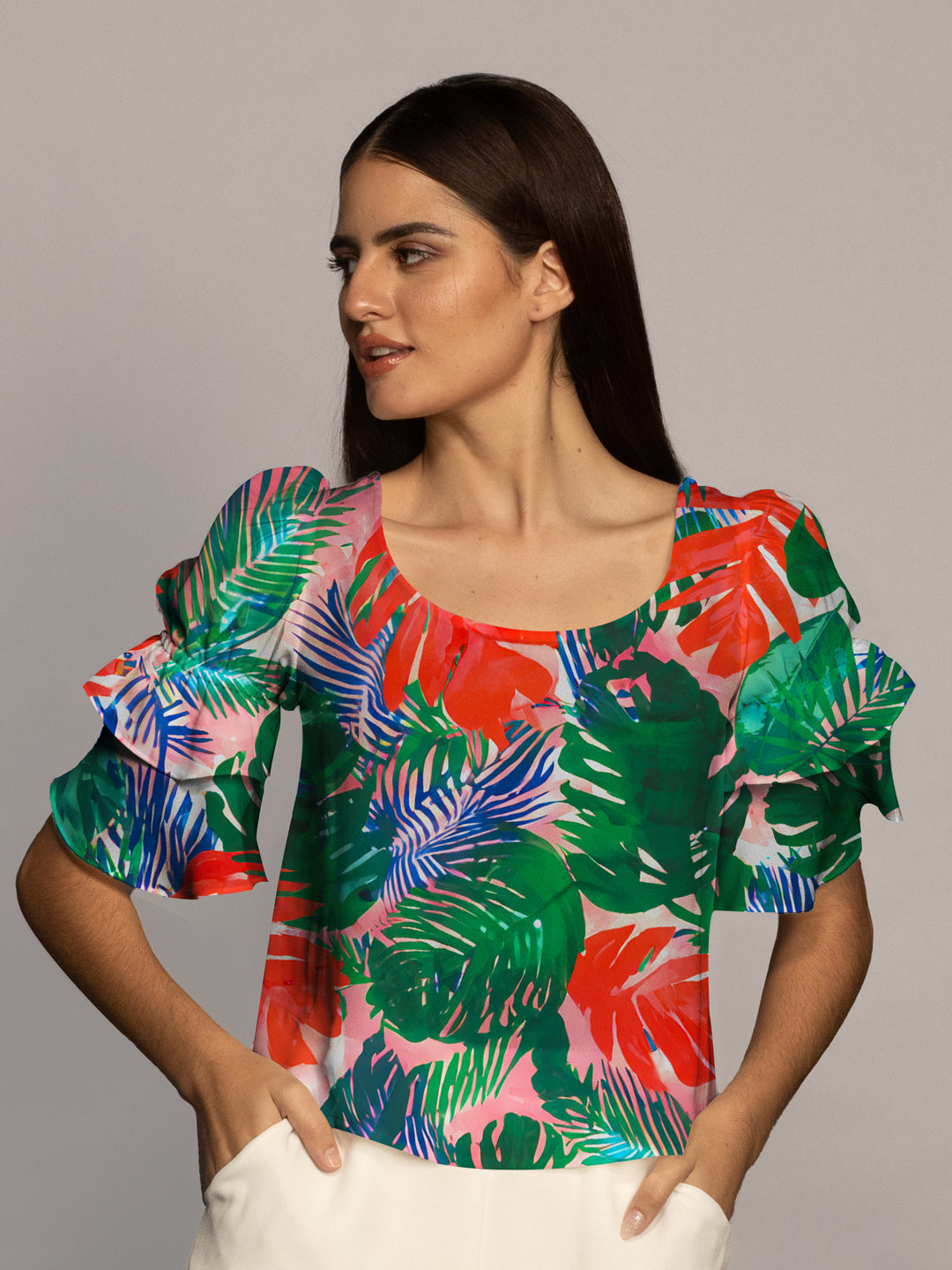 Multi Tropical Print Ruffled Sleeves Top-VT02608_114-Multi-2