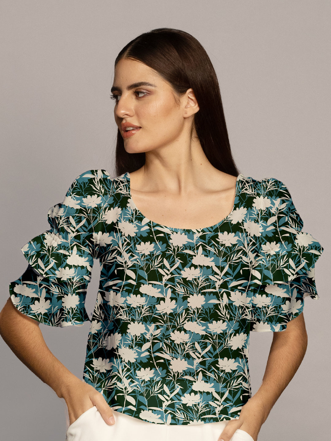 Green Floral Print Ruffled Sleeves Top-VT02608_124-Green-2