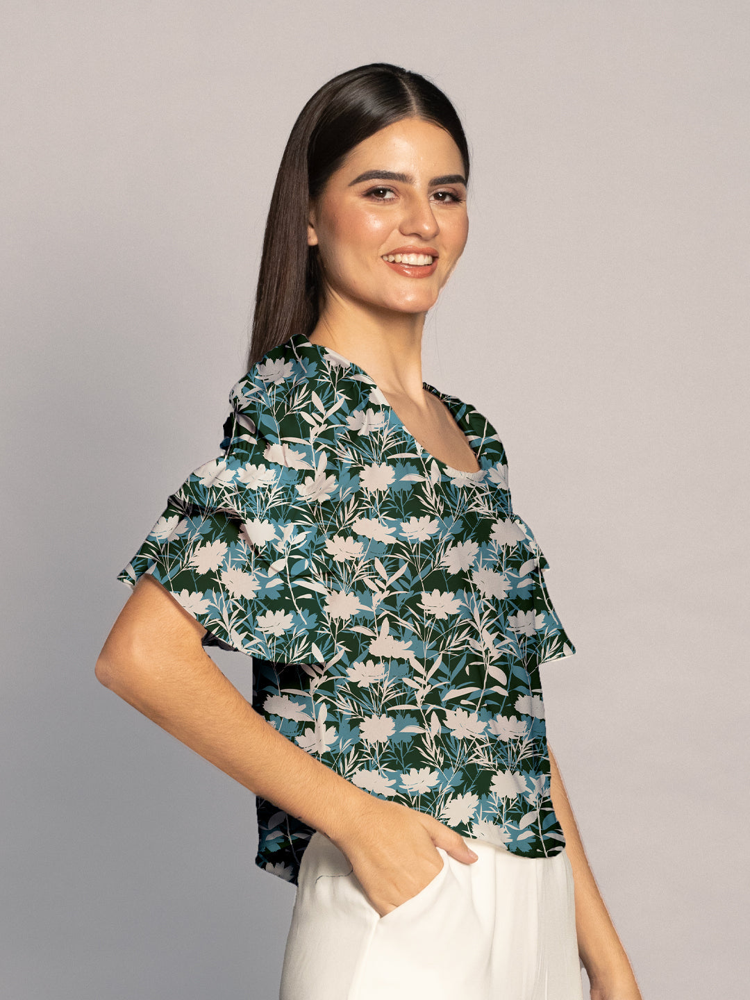 Green Floral Print Ruffled Sleeves Top-VT02608_124-Green-3