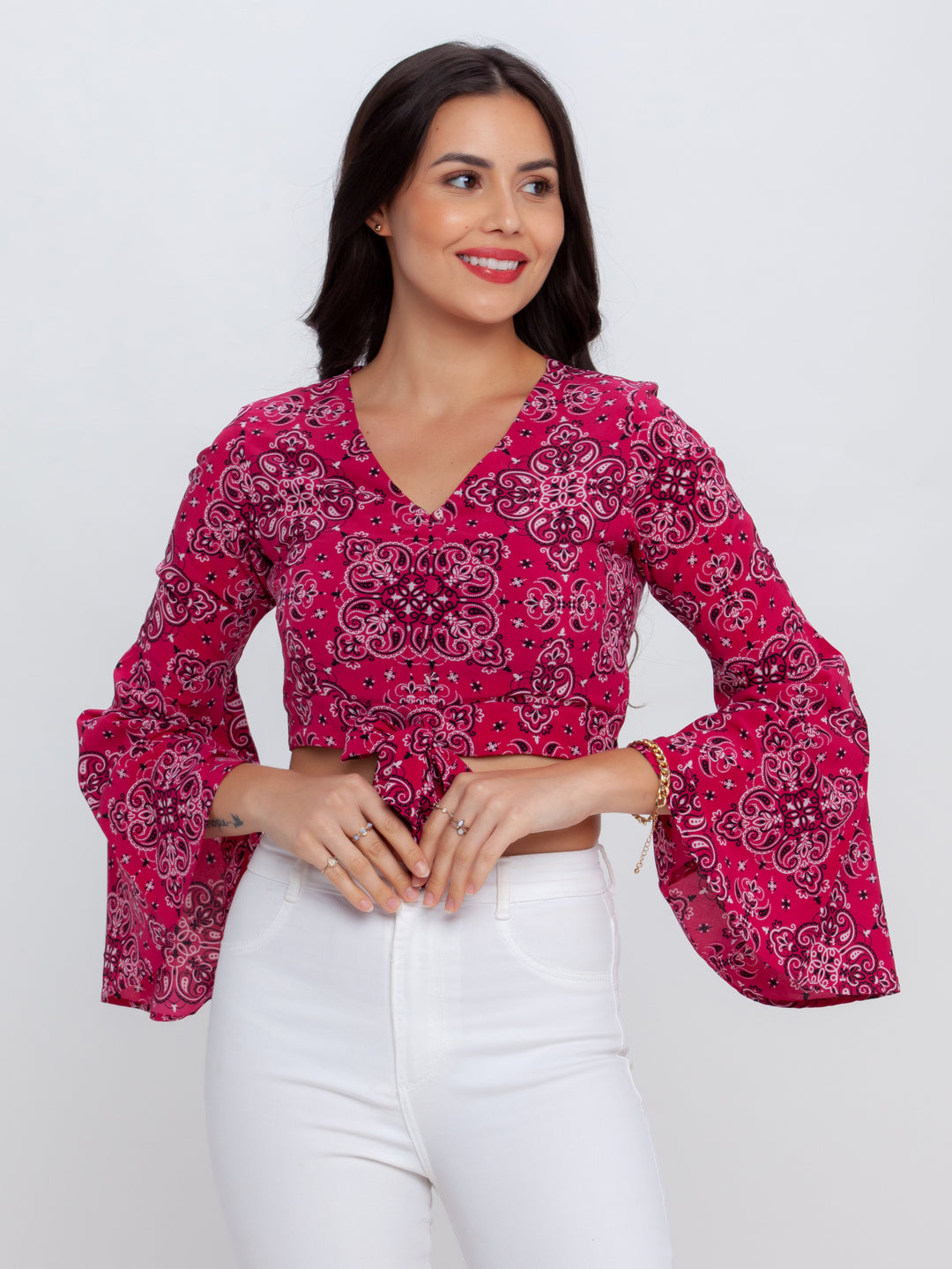 Pink-Bohemian-Printed-Flared-Sleeve-Tie-Up-Top-VT02690-2