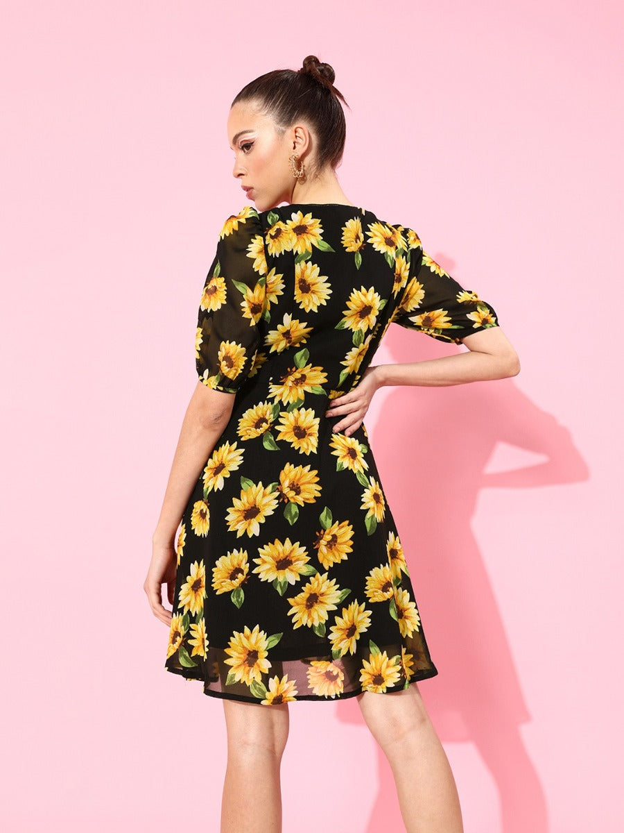 Black Floral Print Short Dress For Women
