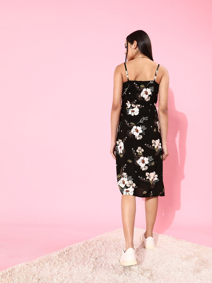 Black Floral Print Strappy Midi Dress For Women