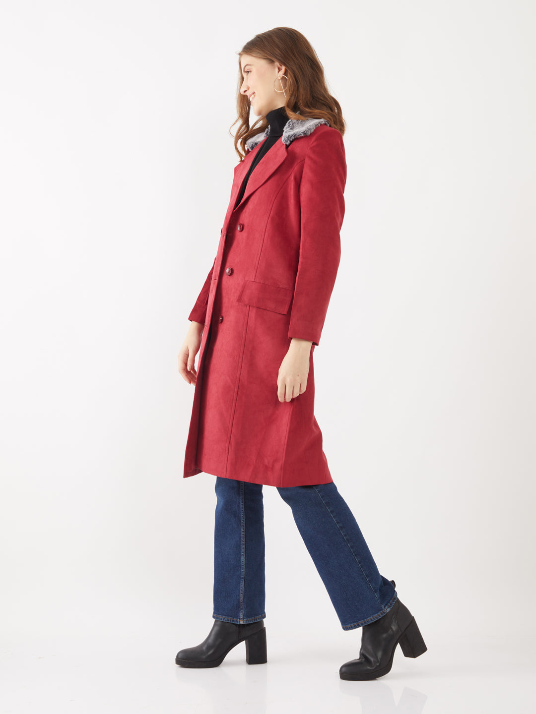 Maroon Solid Trench Coat For Women