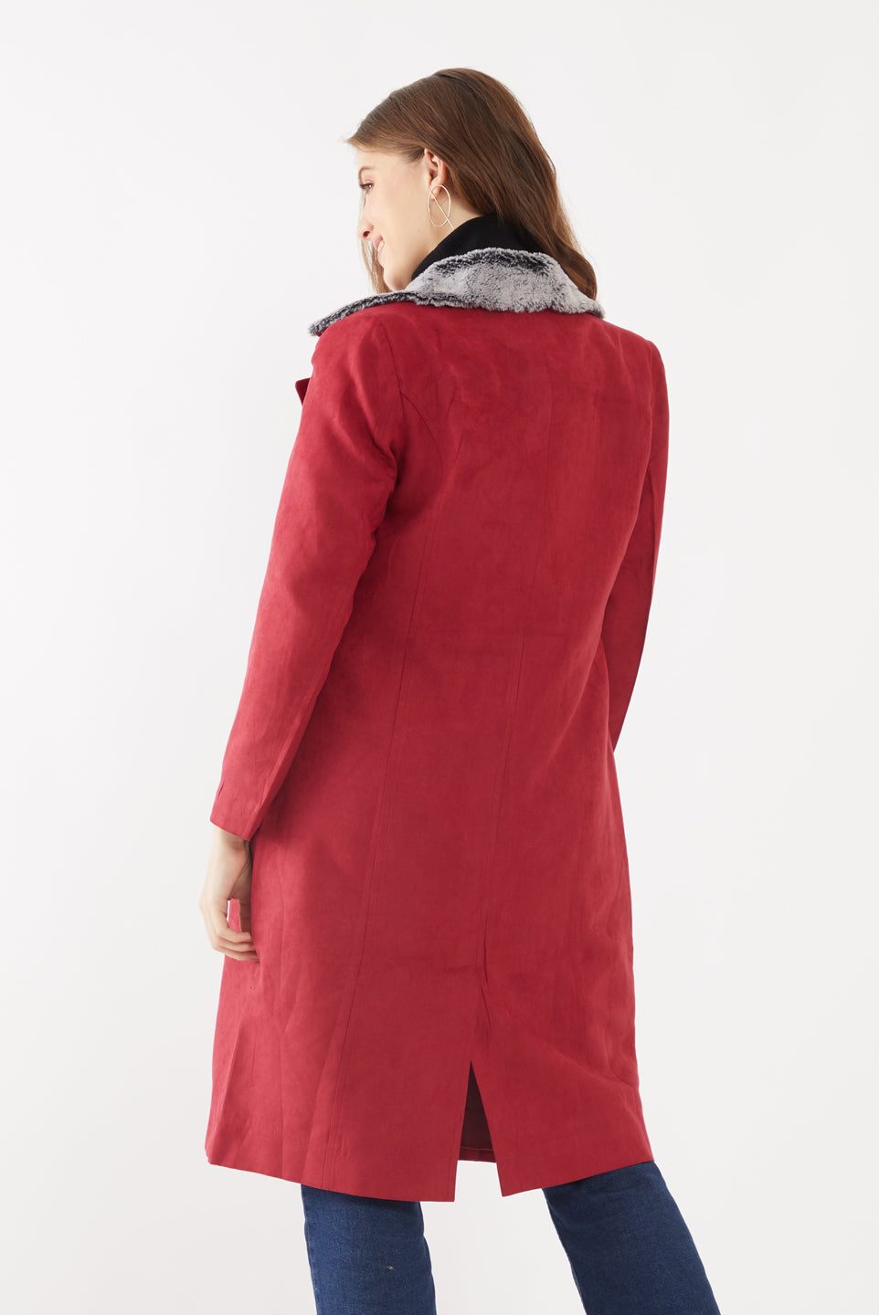 Maroon Solid Trench Coat For Women